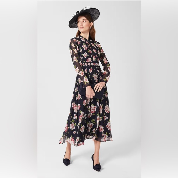 HOBBS London Helena Silk Floral Midi Dress - Navy Multi (Sz 4) - Picture 1 of 8